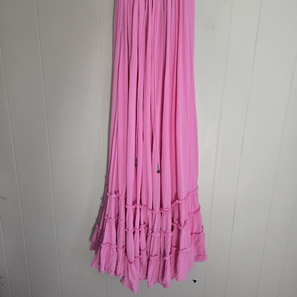 Free People Pink Extratropical Maxi Halter Dress Open Back Billowy Beachy Flowy - Picture 7 of 12